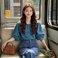 Qianqian Spike Sản phẩm mới Trung Quốc Con Công Xanh Dương Áo Sơ Mi Dài Tay Nữ Nhẹ Sang Trọng Cao Cấp Phong Cách Phương Tây Giảm Tuổi Siêu Đẹp Phong Cách Trung Hoa Hàng Đầu