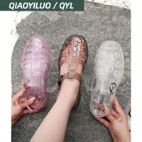 Qiaoyiluo Sandal dành cho nữ mùa hè mặc ngoài cổ điển Giày La Mã khóa rỗng dép phẳng trong suốt pha lê thạch dép