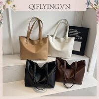 [Qiflying.vn] Túi Tote nữ Túi đeo vai màu trơn Túi xách da PU để đi làm du lịch