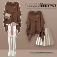 Qihao Bộ Đồ Mùa Đông Nữ 2023 Phong Cách Mới Plus Size Quần Áo Nữ Sang Trọng Khăn Choàng Áo Len Kẻ Sọc Thời Trang Xếp Ly Váy Hai Mảnh Phù Hợp Với 1108