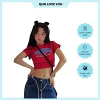 QIIN   Áo thun Croptop tay ngắn phối màu xanh đỏ ôm dáng Q49