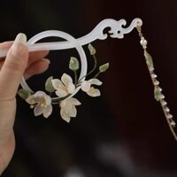 Qinghe Phụ kiện tóc không bụi màu trắng hoa mộc lan phong cách cổ điển, vòng tua rua, đĩa siêu tiên cho trang phục cheongsam hanfu hàng ngày