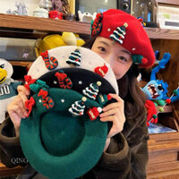 Qjs Giáng Sinh Mũ Nồi Cho Nữ Cô Gái Dễ Thương Xmas Cây Nơ Trang Trí Mũ Trang Trí Giáng Sinh Hình Bát Giác Họa Sĩ Mũ Thu Đông Chống Gió Ấm Áp Họa Sĩ Mũ