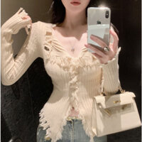 QKOOLE  Áo khoác len cardigan màu nâu tua rua lấy cảm hứng từ thiết kế dành cho nữ mùa thu đông, thon gọn và giảm béo, hàng đầu dệt kim thích hợp