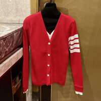 QLCG Thom Browne New Year Christmas Fake Two Pieces v Collared Four-Bar Color-Block Knitted Cardigan Red Pure Desire Slim Fit Short Slimming Sweater