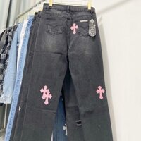 QNPY Chrome Hearts Original Straight Skinny Jeans High Street Men's and Women's Casual Leather Tag Washed Cross Trousers