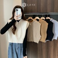 Qrhyk Hàn Quốc Nữ Màu Trơn Không Tay Dây Kéo Áo Len Có Mũ Thời Trang Crop Top Mới