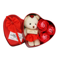 Quà 83 - Hộp quà 3 hoa hồng sáp trái tim kèm gấu bông - Đỏ