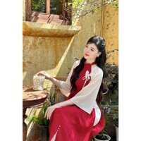 [quà cột tóc] áo dài hai màu đỏ vàng chụp ảnh lễ Tết kiểu áo dài lụa cách tân T95T