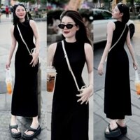 [quà cột tóc] đầm body màu đen cổ tròn không tay thun gân co giãn freesize 8L8