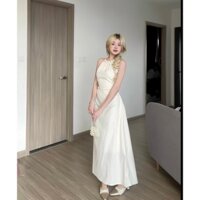[quà cột tóc] Đầm dài cổ yếm hở lưng vải kate lụa 2 lớp freesize màu đầm trắng kem và đen LHY125