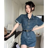 [quà cột tóc] đầm jean ngắn sơ mi tay ngắn có dây nịt vải xịn dày dặn kiểu dáng trẻ trung 18LK