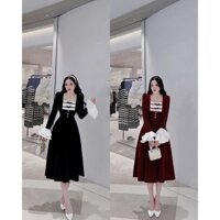 [quà cột tóc] đầm nhung dài hai màu đầm nhung đỏ đen tay dài viền trắng 1DS20