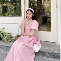 [QUÀ CỘT TÓC] Đầm xòe dài kiểu đầm tiểu thư tay phồng xếp ly dễ thương ba màu hồng, xanh, kaki freesize L125T