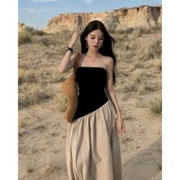 [quà cột tóc] Đầm xòe phối màu đen nude chân váy xòe phần thân ôm body có mút ngực TH95R