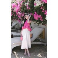 [quà cột tóc] sét chân váy dài trắng và áo lụa hồng xòe bèo kiểu dáng đầm tiểu thư freesize ZD105