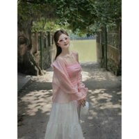 [quà cột tóc] sét chân váy xòe màu trắng áo thun hai dây và khoác tơ màu hồng kiểu dáng tiểu thư trẻ trung D1S1S