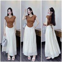 [quà cột tóc] sét chân váy trắng tơ hai lớp và áo thun tay ngắn màu nâu kiểu dáng thanh lịch 1QD0