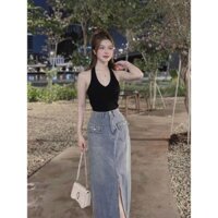 [quà cột tóc] sét chân váy jean dài xẻ tà và áo thun gân ba lỗ cá tính D12W