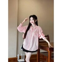 [quà cột tóc] sét quần short ống rộng màu đen và áo sơ mi tay dài cách điệu nơ lưng màu hồng xanh 1M0D5