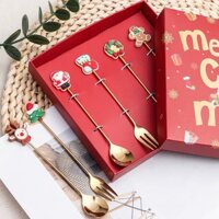 Quà giáng sinh, quà noel, bộ muỗng nĩa 4 món Cookie, set muỗng nĩa inox ông già noel, cây thông noel