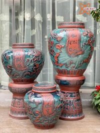 Quà tặng Bố Chum sành khắc nổi Vinh Hoa Phú Quý dung tích 100l