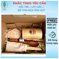 Quà tặng bộ cốc tre KHẮC THEO YÊU CẦU, ống hút tre, quà lưu niệm, tặng sinh nhật ý nghĩa, độc đáo QT02