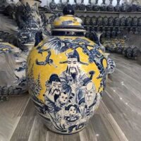 Quà tặng cao cấp Hũ gạo tài lộc nền vàng vẽ Tam Đa Phúc Lộc Thọ dung tích 50 lít