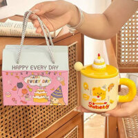 Quà tặng cốc sứ Ly sứ có nắp hình chú gấu Sinh Nhật 400ml thích hợp làm quà tặng đi kèm có muỗng và ống hút thủy tinh
