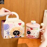 Quà tặng cốc sứ Ly sứ có nắp hình Chú Mèo Sinh Nhật 380ml có hộp quà thích hợp làm quà tặng có muỗng chất lượng cao cấp
