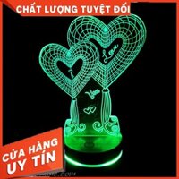 [Quà Tặng] Đèn trang trí Led 3D đế gỗ khắc hình trái tim đôi