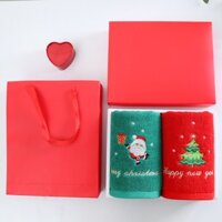 (Quà tặng Giáng Sinh Kèm Hộp) Bộ 2 Khăn Mặt Mềm Mại Thấm Hút Tốt Thêu Hoạ Tiết Cây Thông Giáng Sinh Ông già Noel