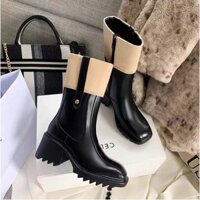 (quà tặng kẹp tóc) Boot nữ cổ lông cừu khóa kéo sườn cổ lông và cổ vải 7cm Camell, Bốt nữ lửng cao gót cá tính