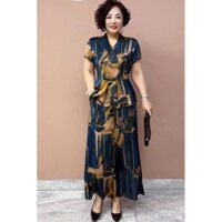 [Quà tặng Ngày của Mẹ] Bộ đồ hai mảnh thời trang và trẻ trung với áo ngắn tay cổ V và quần ống rộng cho các bà mẹ trung niên và cao tuổi