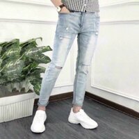 (Quà Tặng) Quần jean nam xanh vintage với đường rách gối