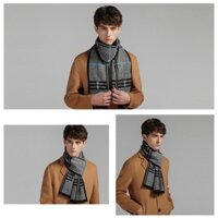 Quà tặng sếp nam lên chức - Khăn quàng choàng cổ nam Hàng Hiệu & Cao Cấp - Khăn len cashmere giữ ấm họa tiết màu Xám sọc xanh - KN021