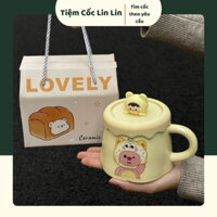Quà tặng sinh nhật hộp quà cốc sứ Loopy vàng dễ thương có nắp, Ly sứ dành cho bạn bè, học sinh, bạn gái