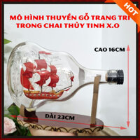 Quà tặng thủ công mỹ nghệ - Mô hình tàu thuyền gỗ trong chai thủy tinh trang trí nhà cửa - Buồm màu đỏ - Dài 23cm