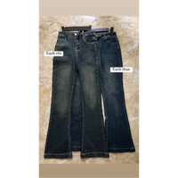 Quần 9 tấc nữ nấm lùn ống loe jean cạp cao, quần bò 90 cm lưng cao cho nữ 1m45 1m48 1m50, rin co giãn màu xanh LANUCA