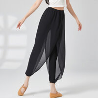 Quần alibaba lớp ngoài phối voan tập yoga, khiêu vũ thể thao, hiện đại, quần tập múa đương đại bo gấu FTM79