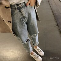 Quần Ăn Mày chín tấc rách đầu gối Quần bò nữ Harlan học sinh phong cách Hàn Quốc quần rộng cạp cao sành điệu