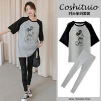 Quần áo bà bầu Pinxin mùa hè kiểu mới áo thun tay ngắn raglan + quần legging hỗ trợ bụng quần dài vừa rộng bộ đồ bà bầu tay ngắn