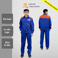 Quần áo bảo hộ lao động màu xanh phối Petrolimex, Đồng phục làm việc vải kaki thoáng mát in sẵn logo