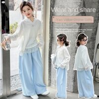 Quần áo bé gái Áo dệt kim khâu ren mùa xuân + Quần ống rộng Bộ đồ hai mảnh 5-15 tuổi