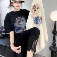 Quần Áo Bé Gái Áo Thun Tay Ngắn Thiết Kế Công Nghiệp Nặng Đính Hạt Mèo In Hình Áo Thun Nữ Mùa Hè Phong Cách Mới Rời Ren Khâu