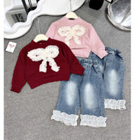 Quần áo bé gái, bộ dài tay bé gái, Set bộ bé gái áo len nơ ren trắng mix quần jean suông cho bé gái 8-30kg - B113