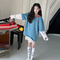 Quần áo bé gái Sọc mùa xuân Áo thun hai mảnh giả + Váy bánh Bộ đồ hai mảnh 5-13 tuổi