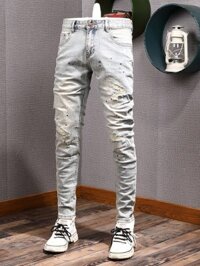 Quần Áo Bé Trai Co Giãn Mỏng Hơn Nhìn Thu Đông Màu Sắc Cao Cấp Rách Quần Jean Thu Đông Phong Cách Mới Nam Dạo Phố Xịt Sơn Retro Đau Khổ Trầy Xước Miếng Dán Quần Nam