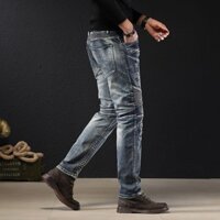 Quần Áo Bé Trai Co Giãn Mỏng Hơn Nhìn Châu Âu Trạm Rách Miếng Dán Xe Máy Quần Jean Nam Co Giãn Ánh Sáng Xanh Nhiều Túi Dây Kéo Khâu Dải