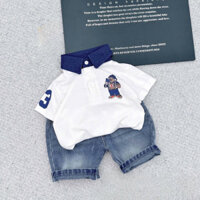 Quần áo bé trai, set bộ áo polo cộc tay họa tiết gấu WAU kèm quần short jean cho bé trai 10-30kg
